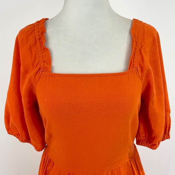 Who What Wear Open Back Tie Puff Sleeve Linen Blend Midi Dress Orange Size XS - Picture 6 of 16